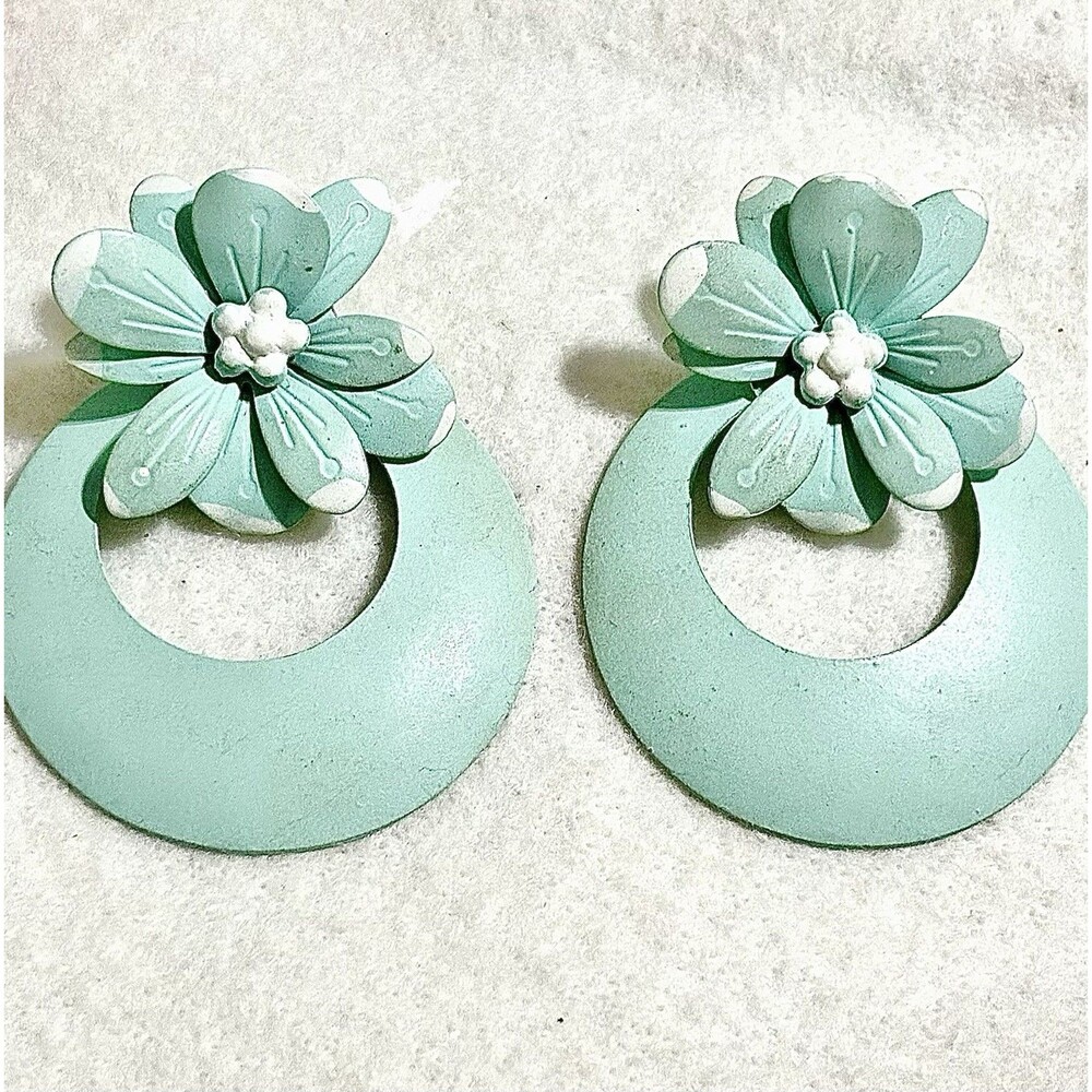 Vintage Mint Green Flower Hoop Earrings Retro Mod Statement Floral Metal
